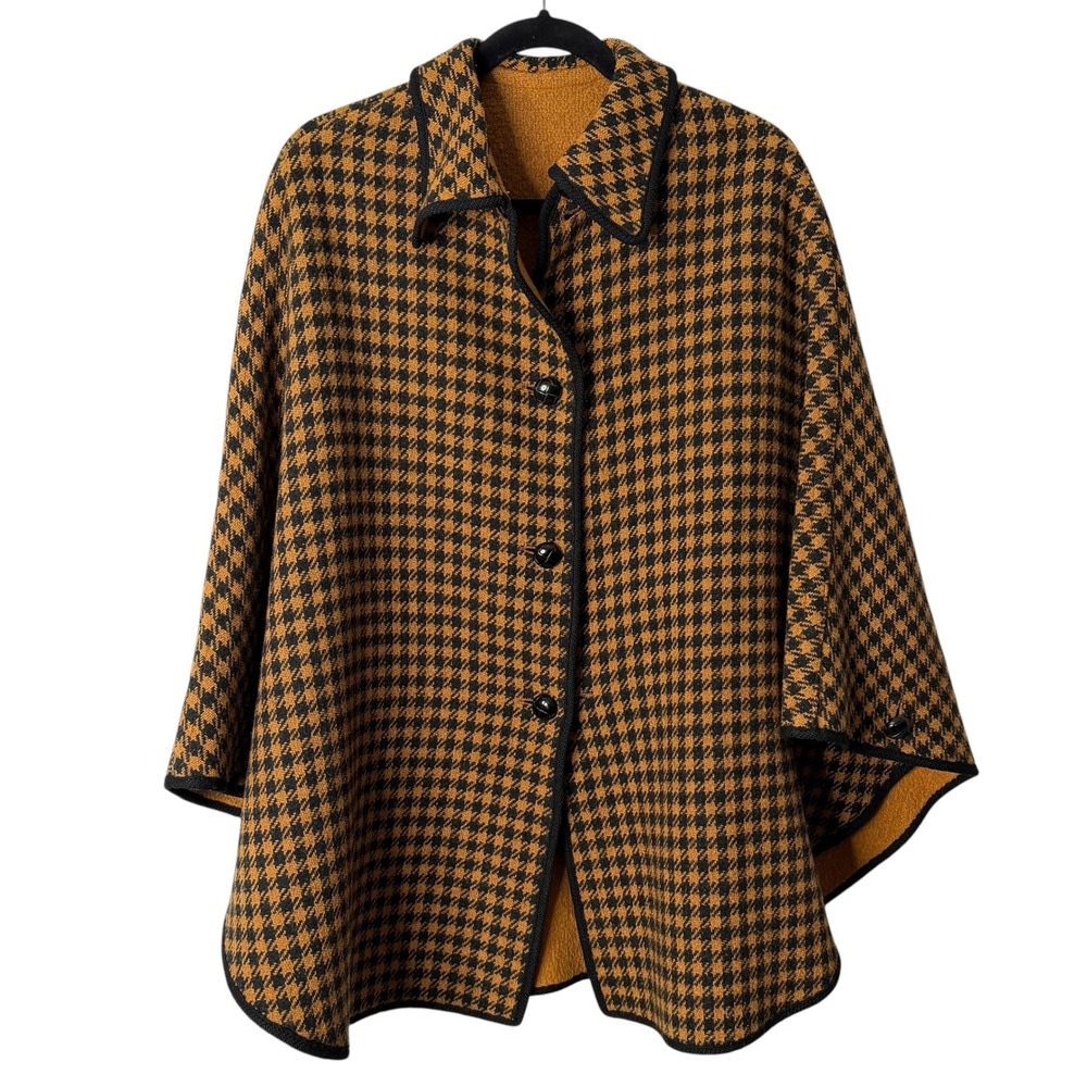 Vintage Wool Houndstooth Button Front Cape Poncho Brown Black Collared Coat